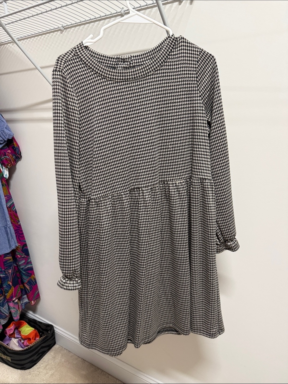 LOFT Black and White Houndstooth Long-Sleeve Kids Dress